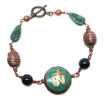 Buddha's Tear Om Aum Copper Wire-Wrap Chunky Gemstone Unisex Bracelet 9.5 Inch OOAK - image1